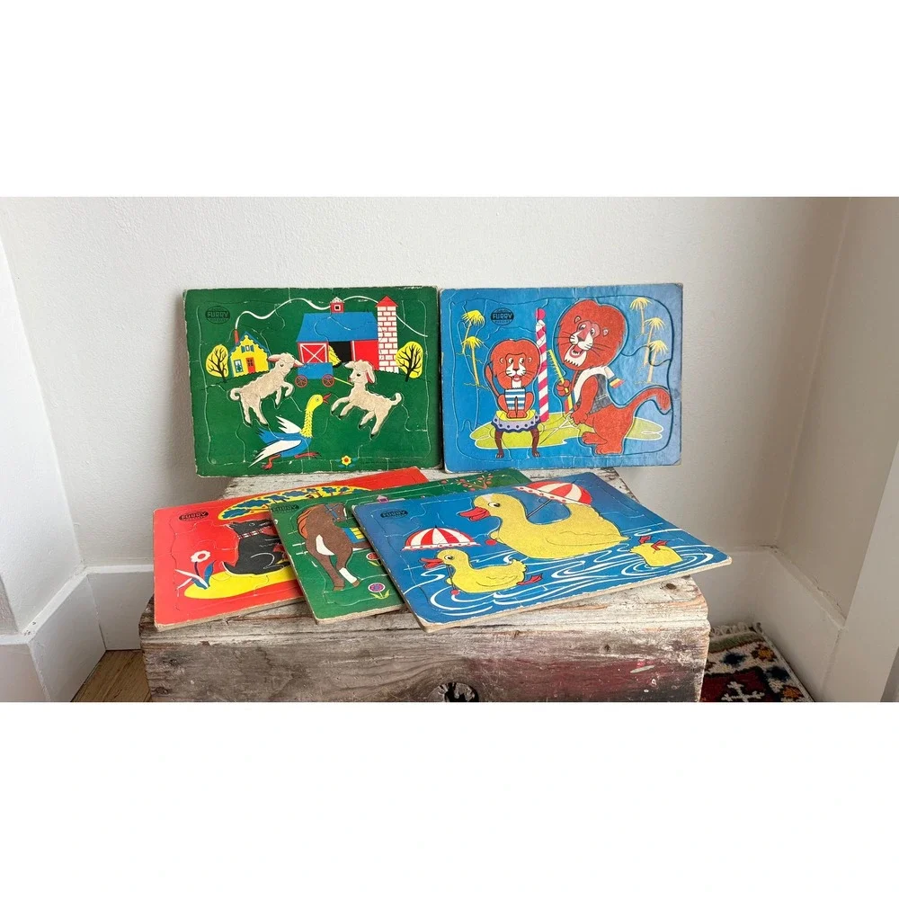 Vintage Built-Rite Furry Puzzles Set of 5 Flocked Animal Tray Puzzles